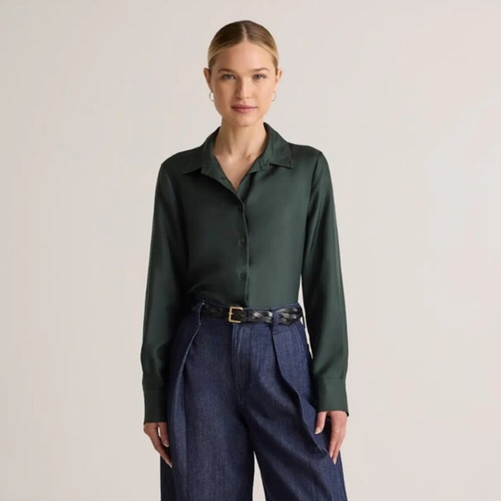 Quince Twill Silk Button Front Blouse Women Olive Green Long Sleeve Office Work